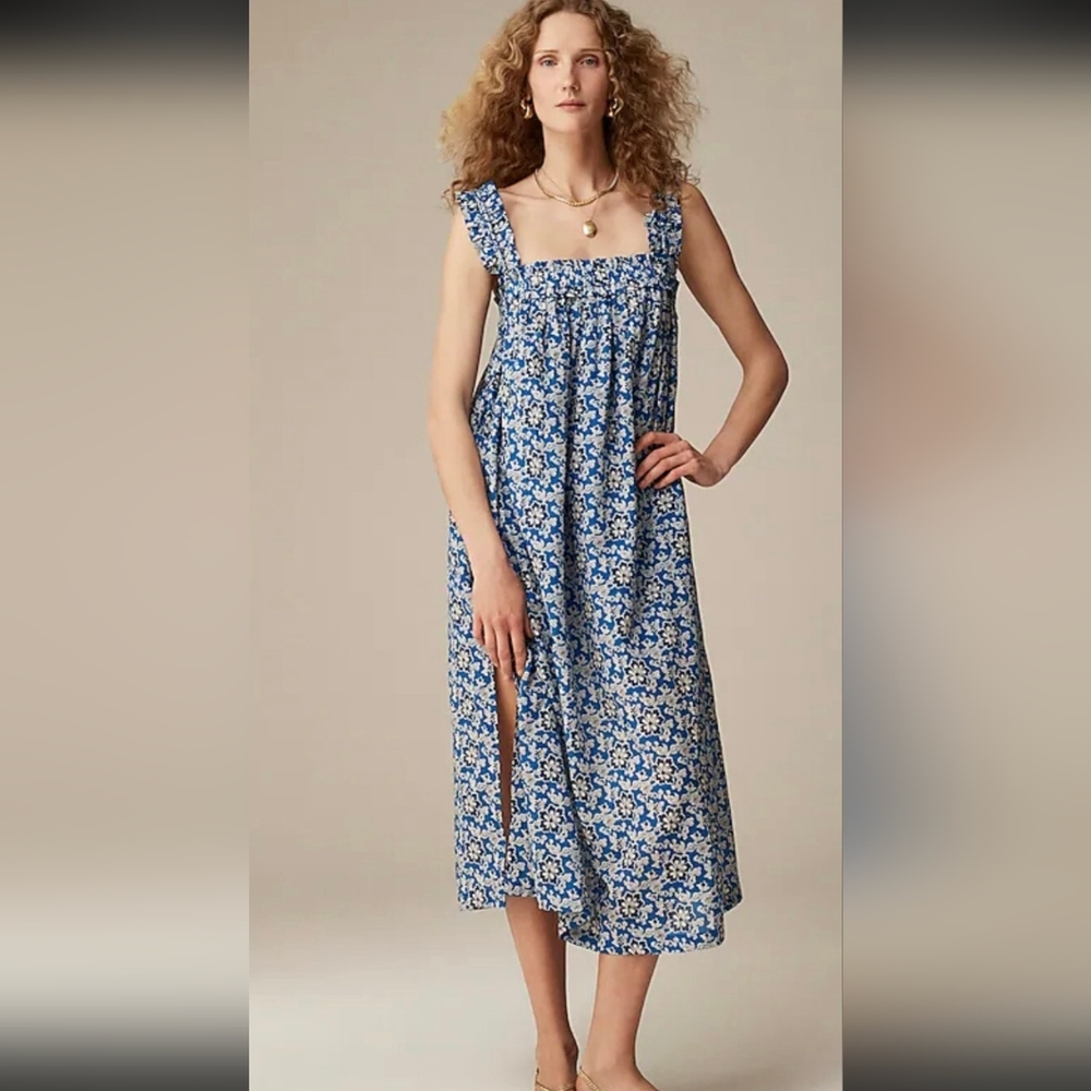 J Crew cotton voile ruffle trim shift dress in cobalt floral